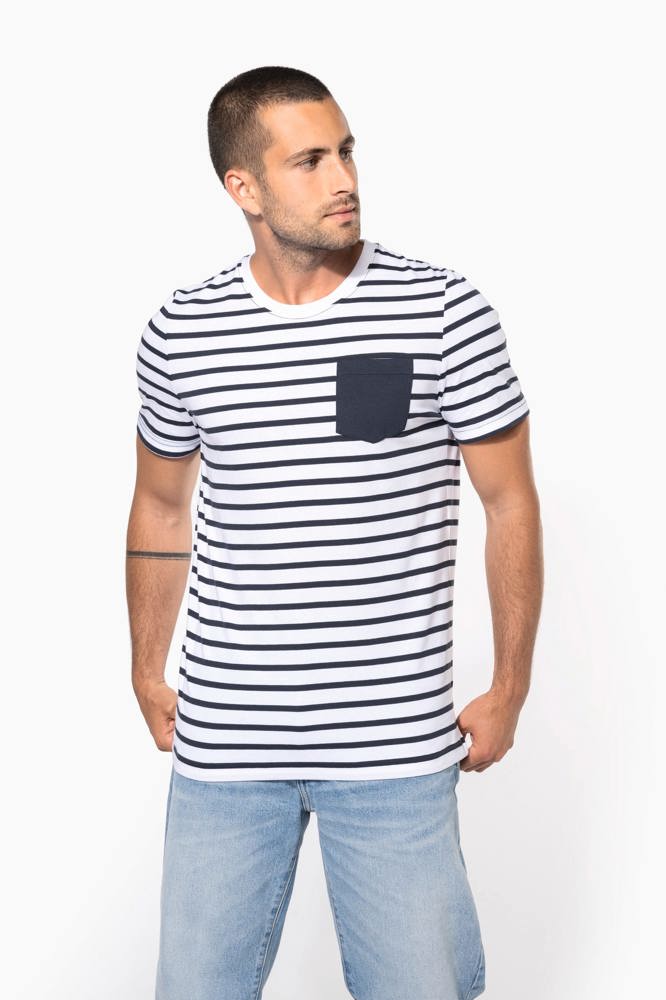 K378 - Gestreept T-shirt met zak en korte mouwen