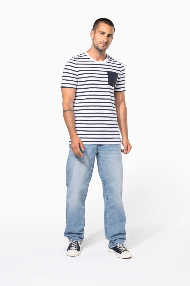 K378 - Gestreept T-shirt met zak en korte mouwen